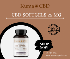 Get CBD Softgels 25 mg, the perfect way to get your daily dose of CBD. Our softgels provide a range of benefits, from mood support to nervous system and heart health. CBD has been used for centuries to support general wellbeing, and now it is easier than ever. Our softgels come in three different varieties: full spectrum, broad spectrum and THC Free CBD Isolate. Full spectrum contains all of the naturally occurring compounds found in hemp, while broad spectrum contains many of these compounds, but has all the THC removed. Our THC Free CBD Isolate is completely free of THC, meaning that you get all the benefits of CBD without the worry of any psychoactive effects. Visit our website to receive a 20% discount on all items if you're looking for Kuma Organics' best softgel.
