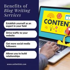 Blogs are an essential part of any website. However, writing a great blog can be a challenge. That’s why Unlimitink offers Blog Writing Services. Our writers have the experience and creativity to create high-quality blogs that speak to your target audience. Get in touch with us now, and start seeing results.