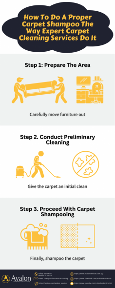 To keep your carpet clean and fresh, you need to shampoo it regularly. Here are three steps on how professional carpet cleaning services companies do carpet shampoo. If you're looking for someone to do the job for a better result, carpet cleaning in Singapore ( https://www.avalon-services.com.sg/service/carpet-cleaning/ )  has the right shampoo solution and shampooing machines to give your carpet a thorough clean and make it look brand new all the time.