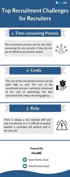 Recruitment is one of the most challenging areas for any recruiters at present times. Finding and recruiting talented candidates for new job openings is a very difficult task in which the recruiter has to face many challenges. Using HireME recruitment management software, you can simplify and streamline your recruitment process. Please see the following link for more information: https://www.hireme.cloud/blogs/why-recruitment-is-a-challenge-for-employers 
