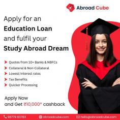 Apply for education loans at multiple banks and NBFCs under a single application. Apply for a Study Abroad Education Loan today and get up to Rs 10,000 cashback. 