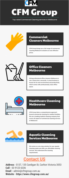 We provide commercial cleaning services for offices, restaurants, retail stores, schools, hospitals, etc. Our team has years of experience in commercial cleaning and we guarantee our work. Contact CFM Group today for more details.