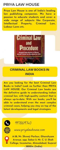 PRIYA LAW HOUSE is a leading Criminal Law Books provider in India. The company provides a wide range of criminal law books for students, professionals, and the general reader. Priya Law House's criminal law books are highly respected and popular among students, attorneys, and judges throughout India. Contact us at 9978619740 for further details.