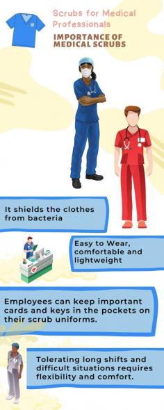 Medical scrubs are used to shield clothes from harmful bacteria.

Easy to Wear

Comfortable and Lightweight

Tolerating long shifts and difficult situations requires flexibility and comfort

Medical professionals can keep important cards and keys in the pockets of their scrub uniforms.