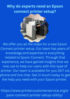 Why do experts need an Epson connect printer setup?
We offer you all the steps for a new Epson Connect printer setup. Our team has years of knowledge and expertise in everything related to Epson Connect. Through that experience, we have gained insights that we now use to help our users with this type of printer. Our team is available for you 24/7 via phone and live chat. Get in touch today to get the help you need with your Epson printer.   https://www.printercustomerservice.org/epson-connect-printer-setup-utility/

