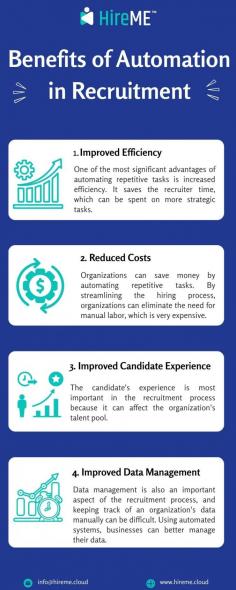 One of the most important aspects of any business is hiring. Attracting, assessing, and hiring the right candidate’s takes a significant amount of time, effort, and resources. Here, automation can assist in streamlining your hiring process. To know more benefits of automation please visit here: https://rb.gy/ifwqhu