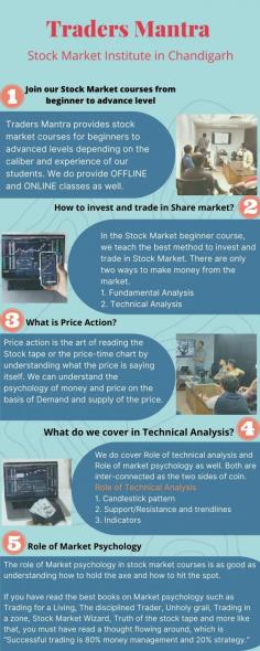  Traders Mantra is the best stock market training institute in India and is placed in Chandigarh. It provides stock market courses and classes both online and offline. 
Traders Mantra gives full technical analysis coaching with basic, medium and advanced level courses.
It also provides live trading and training sessions. They do live trading in the share market during market hours. 
Traders Mantra gives courses on theories like Gann theory, Elliott theory, Dow theory, Price action Theory, Wyckoff theory, candlestick pattern and many more.
