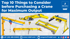 https://indef.com/top-10-things-to-consider-before-purchasing-a-crane-for-maximum-output/

Checklist of the Top 10 Things Before Buying a Crane

We hope the above-listed things will assist you in locating the best crane for your needs. If you need more information on the different types of cranes and hoists available, you can visit the website at www.indef.com or even write us at enquire@indef.com. We at Bajaj Indef pledge to offer the best of all hoisting and material handling solutions.
