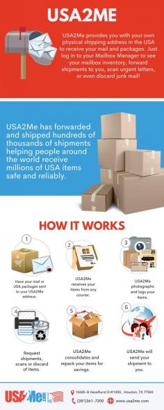 USA2Me can ship to your home, rv park, marina or almost any address in the world. Our shipping rates are lower than FEDEX, DHL or UPS list rates. With USA2Me’s mail forwarding service, you can enjoy the best of both the worlds your expat life in USA as well as the ease of shopping and receiving your mail from back home. For more information about Mail Forwarding contact us at (281) 361-7200 or visit https://www.usa2me.com/
