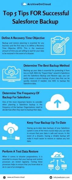 We all know that backing up Salesforce data is of paramount importance. After all, it is one of the most crucial aspects of running a profitable business. That's why it's essential to have a clear understanding of your business before you can create an effective backup strategy. To learn more about the top 5 tips to plan a successful Salesforce backup and restore strategy please visit here:  https://www.archiveon.cloud/5-tips-for-successful-salesforce-backup-and-restore-planning/