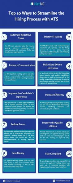 Are you looking for ways to improve the efficiency of your organization's recruitment process? So you can make your recruitment process more efficient and cost-effective by using an applicant tracking system (ATS). Here are the top ten ways you can use an ATS to streamline the recruiting process: https://www.hireme.cloud/blogs/10-best-practices-for-using-an-ats-to-streamline-and-automate-the-hiring-process