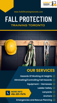 Forklift Training Toronto offers a fall protection training program in Toronto.

The fall protection Toronto training program must be provided when working over dangerous equipment and machinery, regardless of the fall distance.
