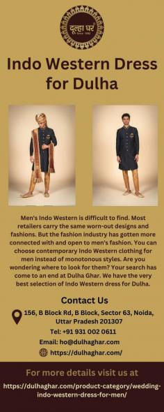 Indo Western Dress for Dulha
Men's Indo Western is difficult to find. Most retailers carry the same worn-out designs and fashions. But the fashion industry has gotten more connected with and open to men's fashion. You can choose contemporary Indo Western clothing for men instead of monotonous styles. Are you wondering where to look for them? Your search has come to an end at Dulha Ghar. We have the very best selection of Indo Western dress for Dulha.
For more info visit us at: https://dulhaghar.com/product-category/wedding-indo-western-dress-for-men/ 
