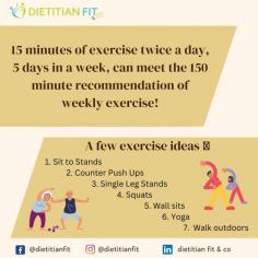This method is great for those with jobs, families, or strenuous university work that leave you with not much time or energy to do a long workout. With exercise snacking you can exercise in small increments, ex. 15 mins 2x a day, throughout the week to meet the weekly recommended 150 mins of exercise.

See more: https://dietitianfit.co.uk/services/sports-nutritionist/
