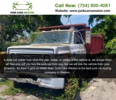 Junk Cars Weston accept all types of vehicles, regardless of their condition. Whether the car is running or not, has a salvage title, or is inoperable, we will still make an offer for it.  For more detail visit us at https://www.junkcarsweston.com/ or contact us at (754) 800-4081 Address: Weston, FL #JunkCarsWeston #Weston #FL