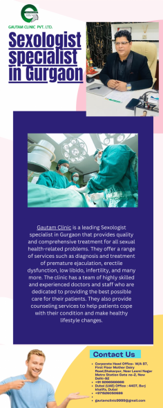 Gautam Clinic is a leading Sexologist Clinic in Gurgaon that provides quality and comprehensive treatment for all sexual health-related problems. They offer a range of services such as diagnosis and treatment of premature ejaculation, erectile dysfunction, low libido, infertility, and many more. The clinic has a team of highly skilled and experienced doctors and staff who are dedicated to providing the best possible care for their patients. They also provide counseling services to help patients cope with their condition and make healthy lifestyle changes.