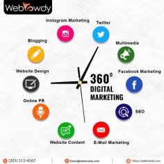 Revolutionize Your Digital Game with Our Comprehensive 360 Degree Marketing Services! Contact us today at (205) 512-4567 to our WebRowdy.
