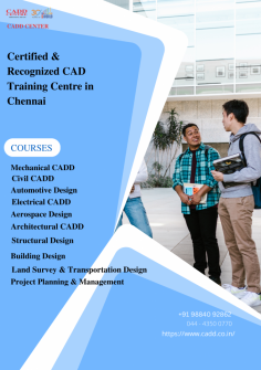 CADD Centre is Internationally Registered Training Institute in Chennai providing various CAD courses to the students according to their specific requirements.We providing Courses are best cad training in chennai, best cadd centre in chennai, best cad centre in chennai, cad cam training in chennai, cadd cam training in chennai, cad courses in chennai, cad courses in chennai fees, cad courses in chennai fees, cadd training centre in chennai , cad training centre in chennai, cad training institutes in chennai

Visit : https://www.cadd.co.in/