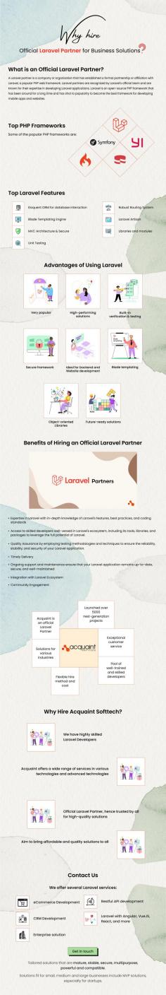 Why Hire Official Laravel Partner for Business Solutions?

What is an Official Laravel Partner?
A Laravel partner is a company or organization that has established a formal partnership or affiliation with Laravel, a popular PHP web framework. Laravel partners are recognized by Laravel's official team and are known for their expertise in developing Laravel applications. Laravel is an open-source PHP framework that has been around for a long time and has shot to popularity to become the best framework for developing mobile apps and websites.

Top PHP Frameworks
Some of the popular PHP frameworks are:
Laravel
Symfony
CodeIgniter
Yii
CakePHP

Top Laravel Features
Eloquent ORM for database interaction
Robust Routing System
Blade Templating Engine
Laravel Artisan
MVC Architecture & Secure
Libraries and modules
Unit Testing

Advantages of Using Laravel
Very popular
High-performing solutions
Built-in verification and testing
Secure framework
Ideal for backend and Website development
Blade templating
Object-oriented Libraries
Future-ready solutions

Benefits of Hiring an Official Laravel Partner
Expertise in Laravel with in-depth knowledge of Laravel's features, best practices, and coding standards.
Access to skilled developers well-versed in Laravel's ecosystem, including its tools, libraries, and packages to leverage the full potential of Laravel.
Quality Assurance by employing testing methodologies and techniques to ensure the reliability, stability, and security of your Laravel application. 
Timely Delivery.
Ongoing support and maintenance ensure that your Laravel application remains up-to-date, secure, and well-maintained.
Integration with Laravel Ecosystem
Community Engagement

Acquaint Softtech
Acquaint is an official Laravel Partner
Launched over 5000 next-generation projects
Pool of well-trained and skilled developers
Flexible hire method and cost.
Solutions for various industries.
Exceptional customer service

Why Hire Acquaint Softtech?
We have highly skilled Laravel Developers
Acquaint offers a wide range of services in various technologies and advanced technologies.
Official Laravel Partner, hence trusted by all for high-quality solutions.
Aim to bring affordable and quality solutions to all.

Contact Us
Consult the experts for custom solutions for your business
Get in touch; we offer several Laravel services:
eCommerce Development
CRM Development
Enterprise solution
Restful API development
Laravel with Angular, VueJS, React, and more
Tailored solutions that are mature, stable, secure, multipurpose, powerful and compatible.
Solutions fit for small, medium and large businesses include MVP solutions, especially for startups.