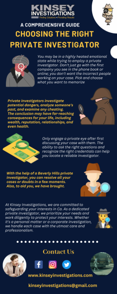 If you are in search of the best private detective services in California, look no further than Kinsey Investigations. Our team of highly skilled investigators specializes in a wide range of cases, including missing persons, domestic and family issues, elder abuse investigations, family law matters, fraud investigations, handwriting analysis and much more. Trust Kinsey Investigations to handle your private investigation needs with professionalism, discretion and unwavering commitment. Uncover the truth and achieve peace of mind with our exceptional services.