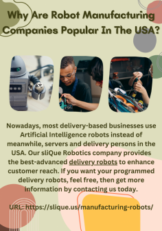 Why Are Robot Manufacturing Companies Popular In The USA?

USA-based businesses hardly work to enhance efficiency and safety with automated robot delivery gadgets. That’s why Robot Manufacturing Companies are growing faster. sliQue Robotics is also one of them. Contact us today if you need your automated robot.

URL: https://slique.us/manufacturing-robots/