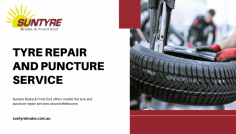 Suntyre Brake & Front End offers mobile flat tyre and puncture repair services around Melbourne. We recognise that not everyone is skilled in tyre maintenance, and if you are travelling at night or have children in the car, it might not even be safe for you to exit the vehicle. Whatever the circumstance, Suntyre Brake & Front End is the quick, simple, and budget-friendly way to fix or replace your tyre and get you back on the road. When you’re in need of a car tyre puncture repair you can count on our mechanics for quick service.

While Suntyre Brake & Front End is a tyre specialist, we also offer a wide range of other mechanical services. We are the go-to location for all of your wheel alignment and balancing, brake and suspension maintenance, logbook servicing, and roadworthiness inspection requirements.

Additionally, we are prepared to handle both individual and commercial fleet vehicles. Whatever the job is we will be pleased to discuss it with you and provide genuine and sincere guidance based on our years of industry expertise.