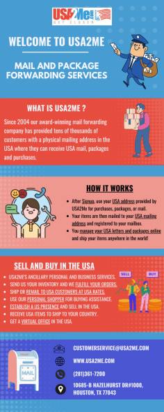 USA2Me offers the flexibility to ship to almost any address worldwide, including your home, RV park, marina, or RV port, through our reliable US International Mail Forwarding service. You may have the best of both worlds—your expat life in the USA and the convenience of shopping and getting your mail from home—with USA2Me's mail forwarding service. For further details on how USA2Me can enhance your international mailing experience, don't hesitate to get in touch with us at (281) 361-7200.visit website: https://www.usa2me.com/site/Mail_Forwarding_How_It_Works.aspx