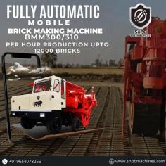 BMM-310 is a fully automatic brick making machine. It is world first fully automatic brick making of its kind by Snpc machines private limited. The machine produces brick while moving on wheel as like a vehicle. It can produce 12000 brick per hour that is a very fast production as compared with manual production. BMM-310 is a cost reductive and eco-friendly brick making machine. It reduces not only labour requirements but also natural resources. Water requirement for brick production reduces upto one-third as compared with other methods. Bricks produced by this machine are three times stronger with 45% cost reduction. Raw material required for its working can be mud, clay or mixture of clay and flyash. Different types of brick this machine can produce are red bricks, clay bricks, flyash brick. This machine give kiln owner to produce brick independently anywhere anytime. This machine consumer 16-18 litres of fuel for its working. Other mobile brick making machines are BMM-160, BMM-400, SBM-180 with different production capacities. Consumers can order from any state, Country or can visit us for their own satisfaction. 
Thankyou for visiting us.
For order or any query: 8826423668
https://snpcmachines.com/brick-machines/bmm310
