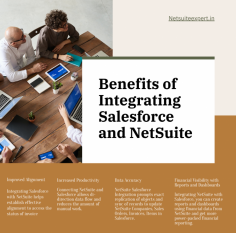 Benefits of Integrating Salesforce and NetSuite 
Improved Alignment  
Increased Productivity 
Data Accuracy 
Financial Visibility with Reports and Dashboards
Visit: https://create.piktochart.com/output/df78a8d3df46-benefits-of-integrating-salesforce-and-net-suite
