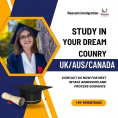 Nascent Immigration is a Team of Professionals who kept your personal and professional needs into consideration before recommending a visa for you. They are there to study your profile thoroughly and counsel you as per your future aspirations. Those Students who are planning to study abroad we assure that once you meet our consulting professionals all your doubts and queries will be answered and you’ll just want to be proactive enough to complete the process at the earliest. Canadian Student Visa is the first preferable choice of almost all the Indian Students for Higher Studies but there are so many other options are also available these days. We are working as a Study Abroad Consultants and helping Students to get the admissions in Canada, Australia, New Zealand, Ireland, USA & UK. Online Student Visa also dealing in Permanent Residency Visa of Canada, Business Visa of Canada, L MIA Support in Canada, Permanent Residency Visa of Australia, Transcript Support, Overseas Staffing, PR Consultancy.