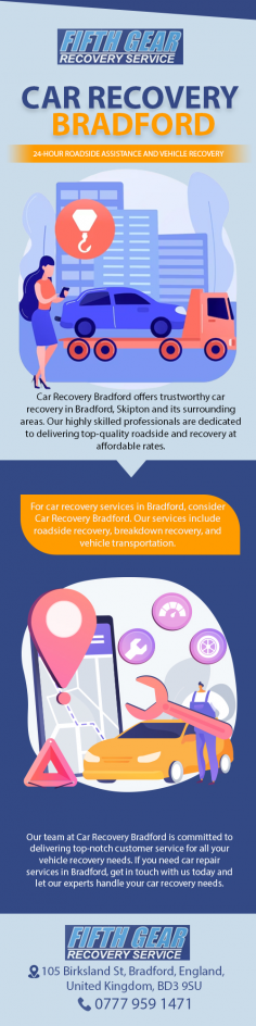 Get reliable car recovery services in Bradford with our dedicated team. We offer swift and efficient assistance for vehicle breakdowns, accidents, and towing needs. With our 24/7 availability and experienced professionals, you can trust us to get your vehicle back on the road safely. Contact us now for peace of mind during unexpected roadside emergencies.