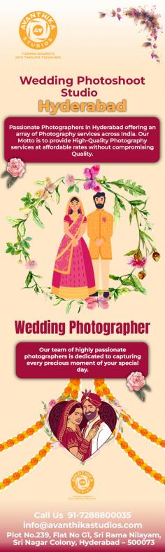 Capturing unforgettable moments in Hyderabad! Avanthika Studios, your premier choice for a wedding photo shoot studio in Hyderabad, is dedicated to making your special day last forever. Our experienced photographers ensure every smile, every glance, and every moment is preserved beautifully. Let us turn your love story into a visual masterpiece! Contact us today for booking availability.