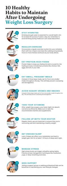 10 Healthy Habits After Weight Loss Surgery

Weight loss surgery is a common surgical procedure intended to help people with obesity lose weight. If you are scheduled to undergo weight loss surgery, this infographic provides some healthy habits to follow after surgery. To learn more about bariatric or weight loss surgery, talk to your weight loss surgeon or visit this page: https://www.nexussurgical.sg/weight-loss-surgery/