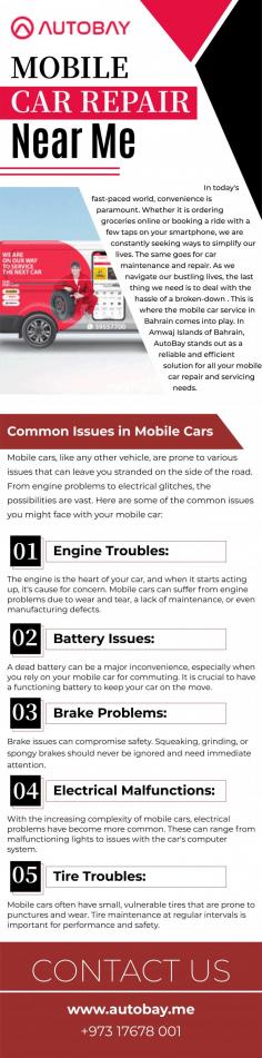 Autobay - Mobile Car Repair Near Me in Bahrain 

Autobay offers convenient mobile car repair near me services in  Bahrain. Our skilled technicians come to your location for on-the-spot car repairs. Whether you need a quick fix or a comprehensive service, Autobay's mobile car repair near me service is just a call away. We ensure quality and reliability, saving you time and hassle. Contact us today for expert mobile car repair near me at https://www.autobay.me/amwaj-islands/mobile-services.