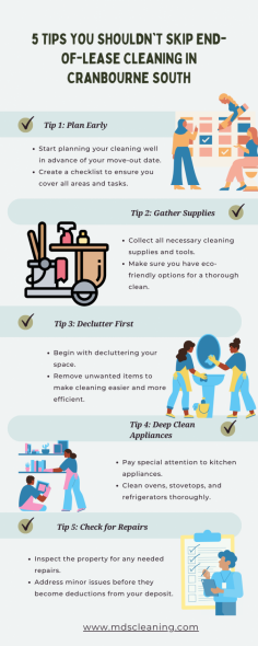 End of Lease Cleaning in Cranbourne South is a process that includes a range of services to clean your home or business. Services include dusting, scrubbing, vacuuming, mopping, power washing, and deodorising. 

Read More: www.mdscleaning.com