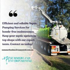 Septic Pumping Services | Summerland Environmental
Trust Summerland Environmental for comprehensive septic system care. Our services include Septic Tank Maintenance, Pumping, and Cleaning. Keep your system running smoothly with our expert team.
https://www.summerlandenvironmental.com.au/services/septic-systems/