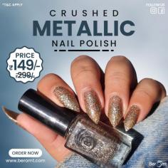 This long-lasting polish has a mesmerizing metal effect from bright, jewel tones to classic metals. Crushed Metallic Foil Nail Polish from Beromt.