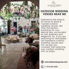 Experience the beauty of nature at Slate & Cypress outdoor wedding venues. We offer the perfect backdrop for your special day, surrounded by lush greenery and elegance. So, if you are searching for affordable yet impressive outdoor wedding venues near me, we got you covered. Start planning your outdoor wedding with us today.
