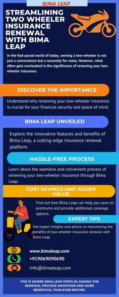Discover the ultimate guide to streamline your Two Wheeler Insurance Renewal process with Bima Leap. This comprehensive resource simplifies and enhances the renewal experience, making it easier than ever to ensure your bike stays protected. Don't miss out on this essential tool for hassle-free renewals.

Visit us :- https://www.bimaleap.com/bike-insurance.aspx