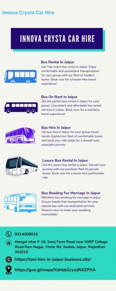 Bus On Rent In Jaipur

Get the perfect bus rental in Jaipur for your group. Convenient and affordable bus rental services in Jaipur. Book now for a seamless travel experience!

Business Address:	Mangal vihar F-16, Swej Farm Road near MJRP College Road Ram Nagar, Vistar Rd, Sodala, Jaipur, Rajasthan 302019

Business Phone:- 9214009016

Business Cataigary - Taxi and Car rental agency

Website- https://taxi-hire-in-jaipur.business.site/

Google My Business URL-  https://goo.gl/maps/XahbbZcyzdNJiZPKA