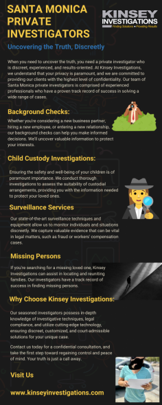 Need a reliable private investigator in Santa Monica? Look no further than Kinsey Investigations. Our team of skilled professionals specializes in providing discreet and efficient investigation services. From background checks to surveillance, we have got you covered. Contact us today for a consultation.