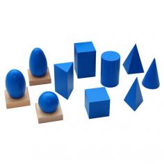 This set containing a cylinder, cube, ellipsoid, cone, sphere, square-based pyramid, triangular-based pyramid, ovoid, rectangular prism, and triangular prism painted in glossy blue. 

• Recommended Ages: 3.5 years and up

Buy now: https://kidadvance.com/geometric-solids-with-stands.html