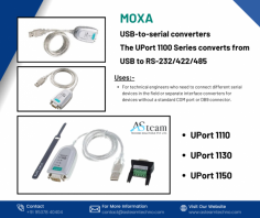 MOXA
USB-to-serial converters

The UPort 1100 Series converts from USB to RS-232/422/485.

Uses:-

- For technical engineers who need to connect different serial devices in the field or separate interface converters for devices without a standard COM port or DB9 connector.

Features:-

- Mini-DB9-female-to-terminal-block adapter for easy wiring
- LEDs for indicating USB and TxD/RxD activity
