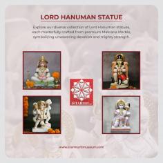 Explore our diverse collection of Lord Hanuman statues, each masterfully crafted from premium Makrana Marble, symbolizing unwavering devotion and mighty strength.
