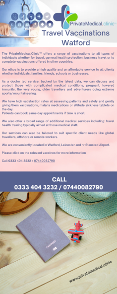 Our ethos is to provide a high quality and an affordable service to all clients whether individuals, families, friends, schools or businesses.
Know more: https://www.privatemedical.clinic/vaccinations-travel-clinic-watford


