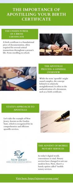 New Jersey Mobile Notary & Apostille Services is a reputable agency specializing in mobile notary and apostille certification services. With our dedicated team of experienced professionals, our company aims to provide efficient, reliable, and convenient solutions for clients seeking international recognition of their documents. As a committed partner in simplifying document authentication, we are always excited to embark on this journey of serving individuals, businesses, and organizations across the state. Whether for business transactions. Read More: https://njnotarygroup.com/.