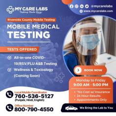 Our company originated with the aim of addressing the Covid-19 situation in the SF Bay Area. At present, we conduct testing for Covid, RSV, and Influenza A/B, and we have plans to introduce drug and cancer testing in 2023. My Care Labs is proud to offer free all-in-one testing combo kits for Covid-19, RSV, and Influenza A & B. My Care Labs offers quick, hassle-free, and accurate COVID-19 RT-PCR testing. With same day results or within 24 hours, we have testing on-site at our laboratory and at pop-ups throughout California. My Care Labs provides same-day and 24hr infectious disease testing and results to not only the general public at our laboratory and pop-ups, but also through group mobile testing, nursing homes, public and private schools, businesses, houses of worship, and other large organizations. We offer financial hardship options for under- and un-insured patients.
 
Our doors are open seven days a week to ensure you get the support you need whenever you need it. Your health and wellness are our top priorities.
.
Book your no-cost test: Call/Text 800-790-4550 or visit https://mycarelabs.com.

#MyCareLabs #CareEveryDay #HealthcareHeroes
