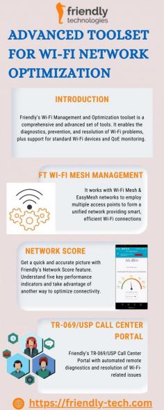 Friendly’s Wi-Fi Management and Optimization toolset is a comprehensive and advanced set of tools. It enables the diagnostics, prevention, and resolution of Wi-Fi problems, plus support for standard Wi-Fi devices and QoE monitoring.