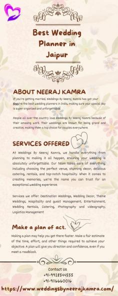 Plan For Destination Wedding in Jaipur, Weddings by Neeraj Kamra is among one of the Best Destination Wedding Planner in Jaipur.

Or Visit Our Website To Know More At- https://www.weddingsbyneerajkamra.com/destination-wedding-planner-in-jaipur.html