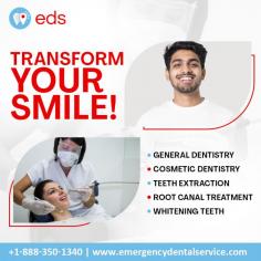Transform Your Smile! | Emergency Dental Service

Transform your smile with effective dental care! Our services include general dentistry, cosmetic enhancements, teeth extraction, root canal therapy, and teeth whitening. Achieve a confident, radiant smile with our expert treatments.  Schedule an appointment at 1-888-350-1340.